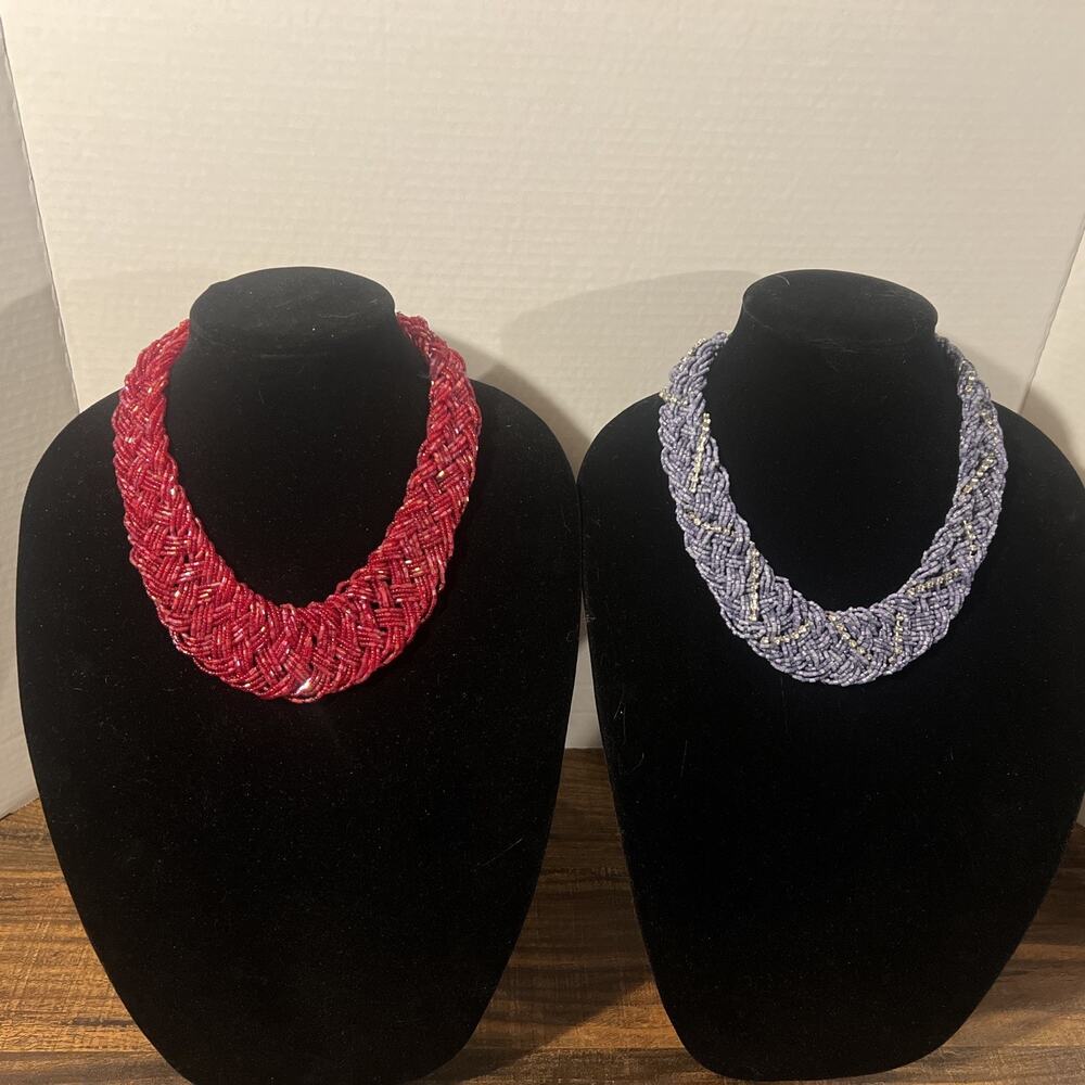 Lot of 2 Multi-Layered Twisted Beaded Necklaces Red & Purple